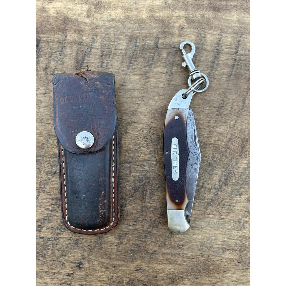 Vintage Schrade Old Timer 125OT Mustang USA Folding Hunting Knife Leather Sheath